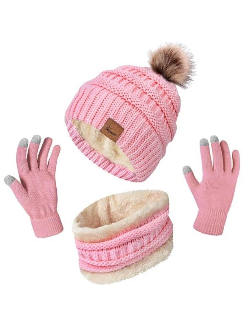 Winter Hat Scarf Touch Screen Gloves Set 3 Pcs Warm Knit Fleece Lined Beanie NEW